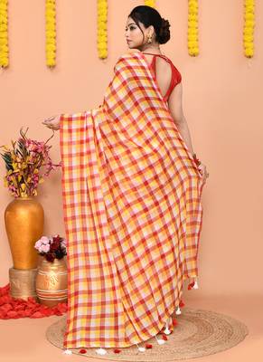 cotton blend handloom multi check saree with running blouse piece 3