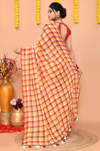 cotton blend handloom multi check saree with running blouse piece