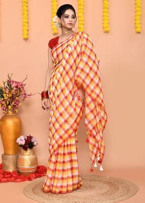 cotton blend handloom multi check saree with running blouse piece 4