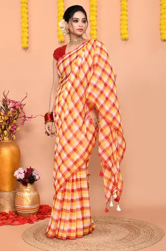 cotton blend handloom multi check saree with running blouse piece