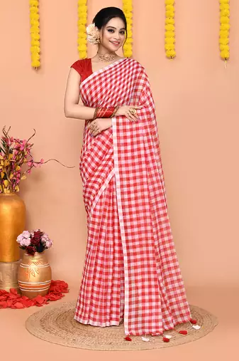 women's cotton blend handloom white red check saree