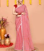cotton blend handloom white red check saree with running blouse piece