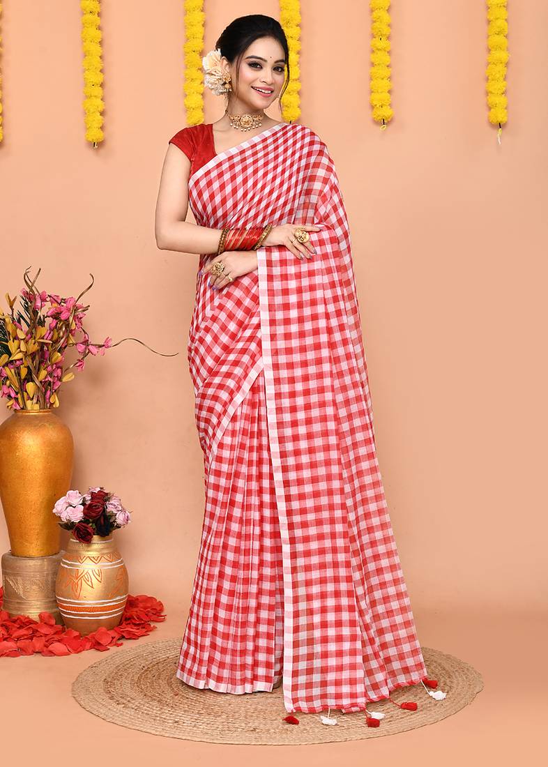 cotton blend handloom white red check saree with running blouse piece