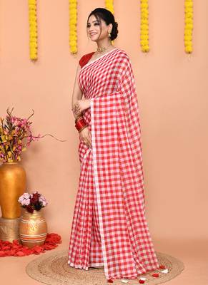 cotton blend handloom white red check saree with running blouse piece 2
