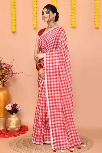women's cotton blend handloom white red check saree