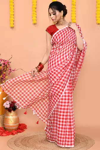 women's cotton blend handloom white red check saree