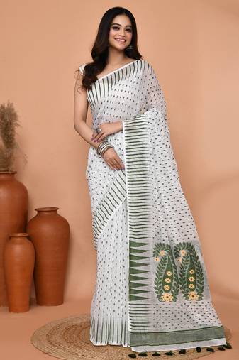 white moss green cotton blend jamdani saree