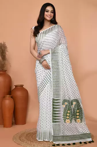white moss green cotton blend jamdani saree