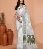 white moss green cotton blend jamdani saree