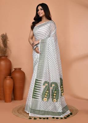 white moss green cotton blend jamdani saree 2