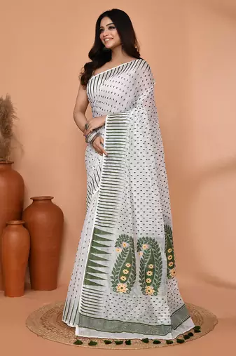 white moss green cotton blend jamdani saree