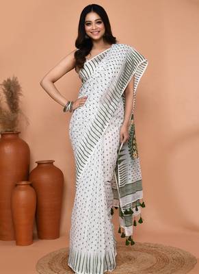 white moss green cotton blend jamdani saree 3