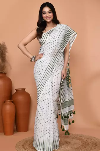 white moss green cotton blend jamdani saree