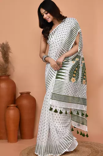 white moss green cotton blend jamdani saree