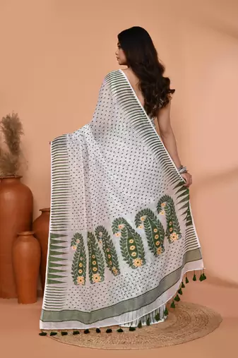 white moss green cotton blend jamdani saree
