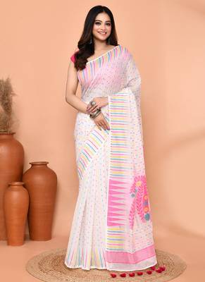 white pink cotton blend jamdani saree 1