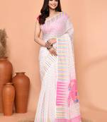 white pink cotton blend jamdani saree