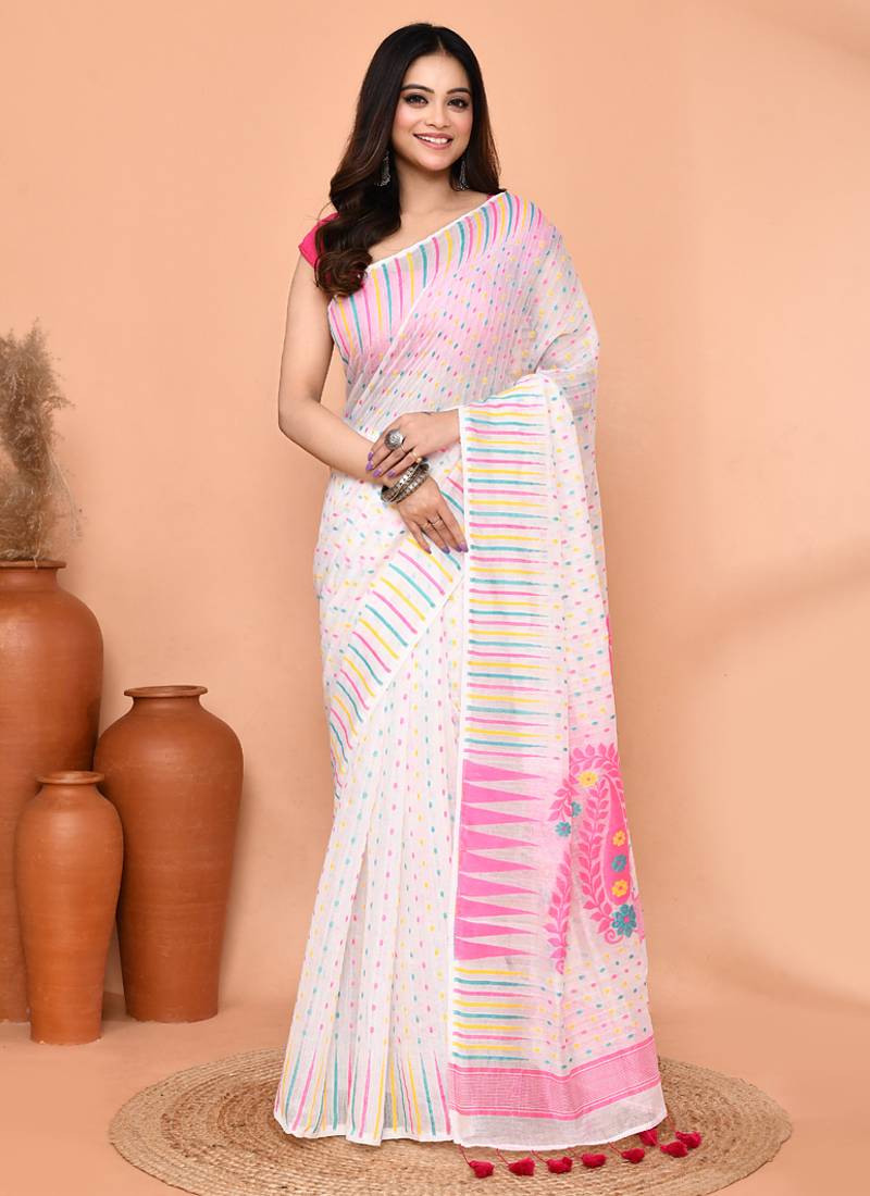 white pink cotton blend jamdani saree