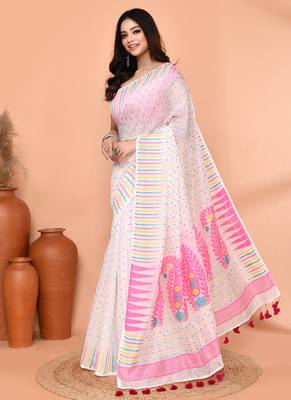 white pink cotton blend jamdani saree 2