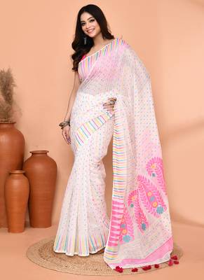 white pink cotton blend jamdani saree 3