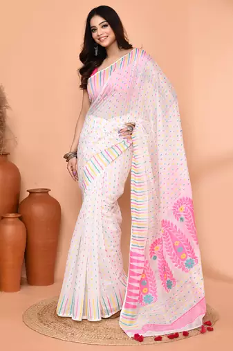 white pink cotton blend jamdani saree