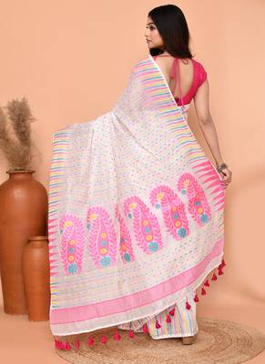 white pink cotton blend jamdani saree 5