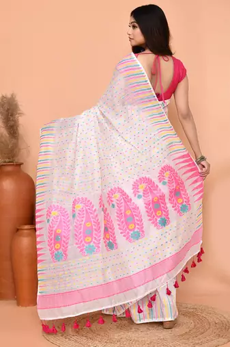 white pink cotton blend jamdani saree