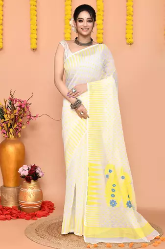 white yellow cotton blend jamdani saree