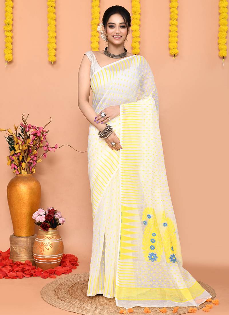 white yellow cotton blend jamdani saree