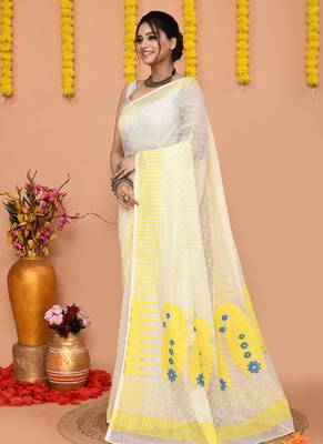 white yellow cotton blend jamdani saree 2