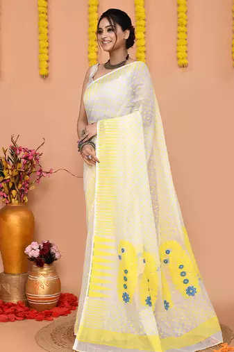 white yellow cotton blend jamdani saree