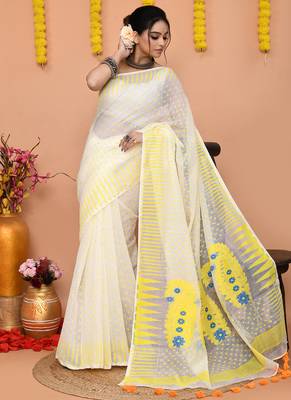 white yellow cotton blend jamdani saree 3