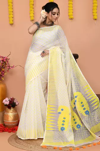 white yellow cotton blend jamdani saree