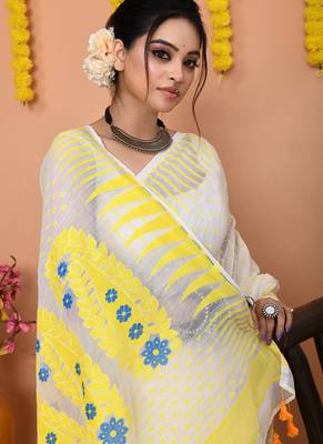white yellow cotton blend jamdani saree 4