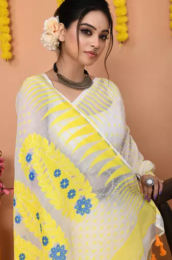white yellow cotton blend jamdani saree
