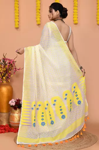 white yellow cotton blend jamdani saree