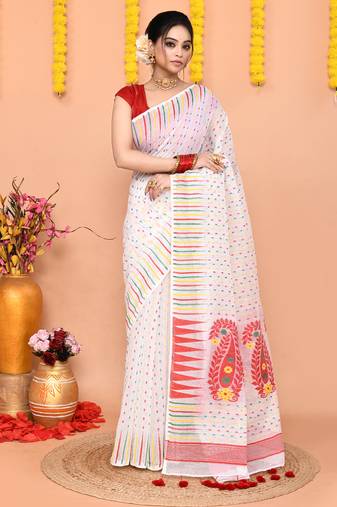 white red cotton blend jamdani saree