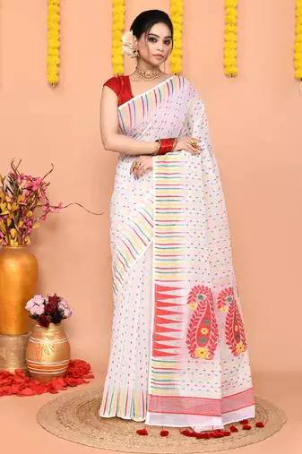 white red cotton blend jamdani saree