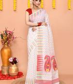 white red cotton blend jamdani saree
