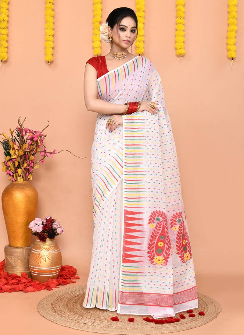 white red cotton blend jamdani saree