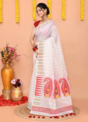 white red cotton blend jamdani saree 2