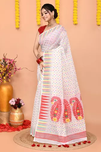 white red cotton blend jamdani saree