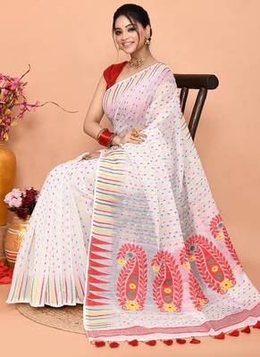 white red cotton blend jamdani saree 3