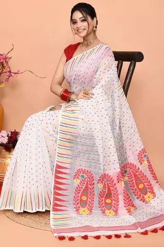 white red cotton blend jamdani saree