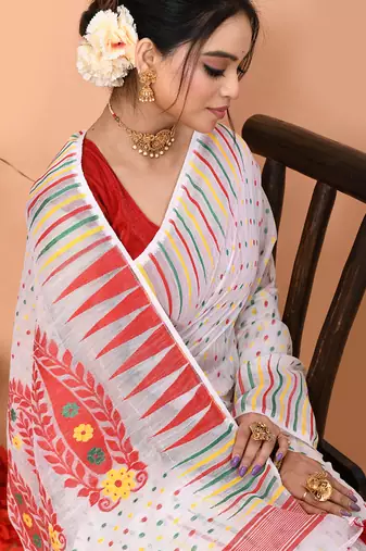 white red cotton blend jamdani saree