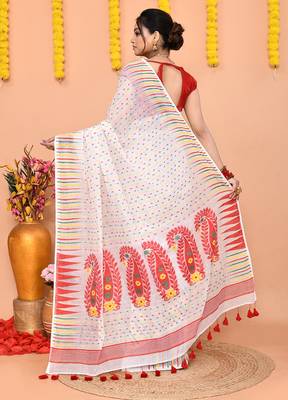white red cotton blend jamdani saree 5