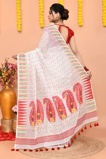 white red cotton blend jamdani saree