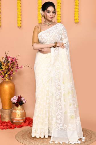 off white cotton blend jamdani saree