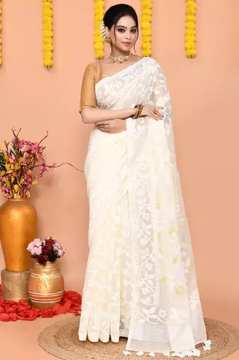 off white cotton blend jamdani saree