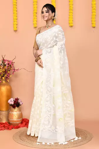 off white cotton blend jamdani saree